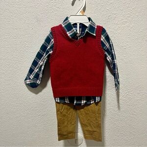 Andy & Evan Boys Red Knit Sweater Vest, Plaid Button Up Shirt & Tan Pants Set